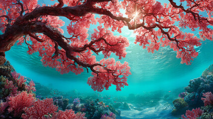 Coral underwater ocean sunlight branch pink marine nature vibrant peaceful scene of pink coral branches underwater with sunlight filtering through