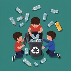 Three Boys Recycling Plastic Bottles Together | Environmental Education and Teamwork
