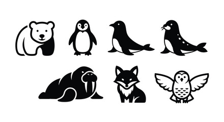 Eight Arctic Animals in Black and White Icons.