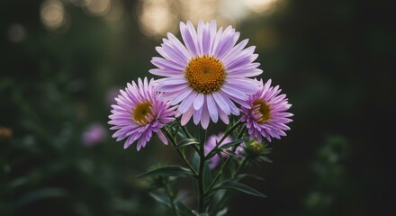 Obraz premium Closeup of three purple asters with yellow centers in soft focus