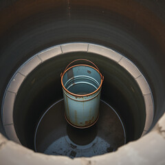 A lone, rusted water bucket in an empty well, emphasizing water crisis, minimalist composition, copy space on the right.