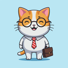 Adorable Cartoon Cat Wearing Business Attire with Glasses and Briefcase.