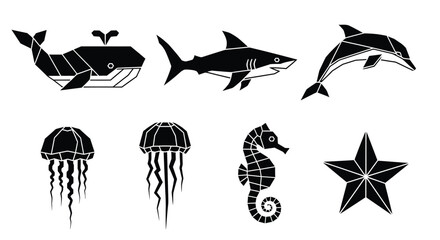 Collection of stylized black and white aquatic animals, including whale, shark, dolphin, jellyfish, seahorse, and starfish.