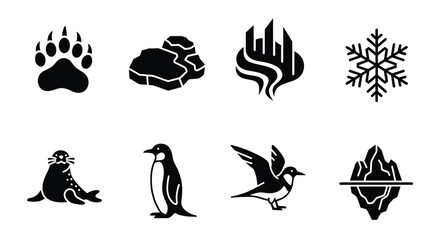 A set of eight black icons representing arctic and antarctic wildlife and natural phenomena, including a polar bear paw, penguin, seal, and iceberg.
