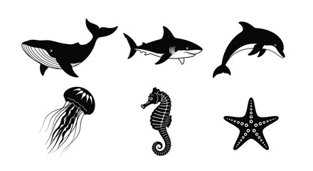 A collection of six black and white illustrations of marine animals including a whale, shark, dolphin, jellyfish, seahorse, and starfish.
