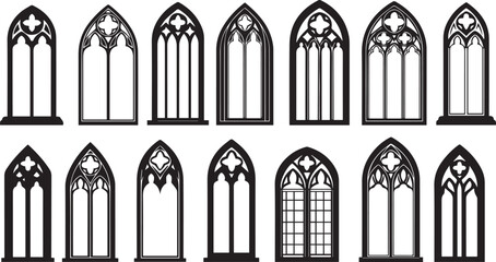 Collection of gothic arched windows in black and white vector art architecture medieval