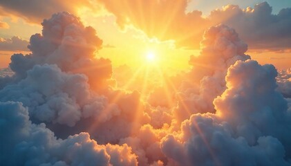 Golden sunbeams pierce through gaps in fluffy clouds, illuminating a vibrant, sunny sky A breathtaking view of nature's radiant light , horizon, cloud formations, outdoor