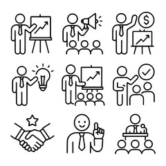 Business Presentation Icons Set Growth Communication Ideas Agreement and Leadership.