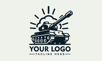 A stylized logo featuring a military tank inside a circular emblem with banner.