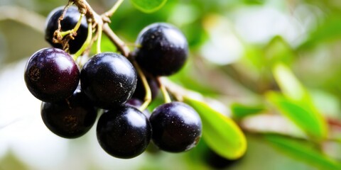 A close-up of a cluster of ripe, dark berries on a branch, in natural light.