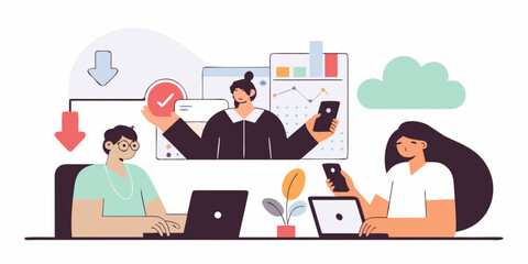 Illustration depicting a remote team collaborating online using laptops and smartphones.  A screen shows a presenter, positive feedback, and data charts.  Clean, flat design aesthetic.
