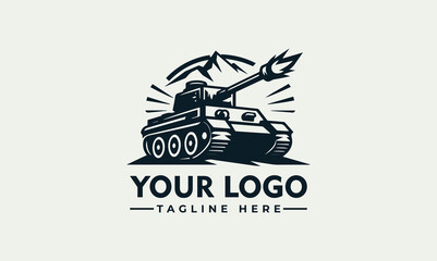 A stylized emblem featuring a military tank with a firing cannon, set against a mountain backdrop.