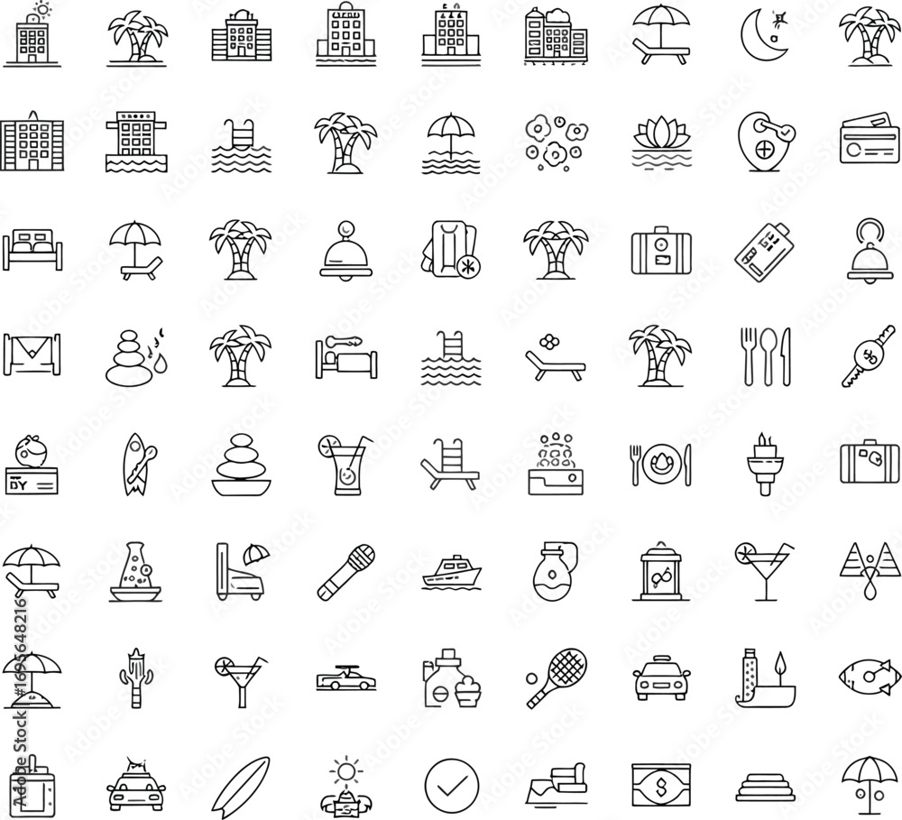 Poster collection of small black and white line art icons representing various objects and concepts