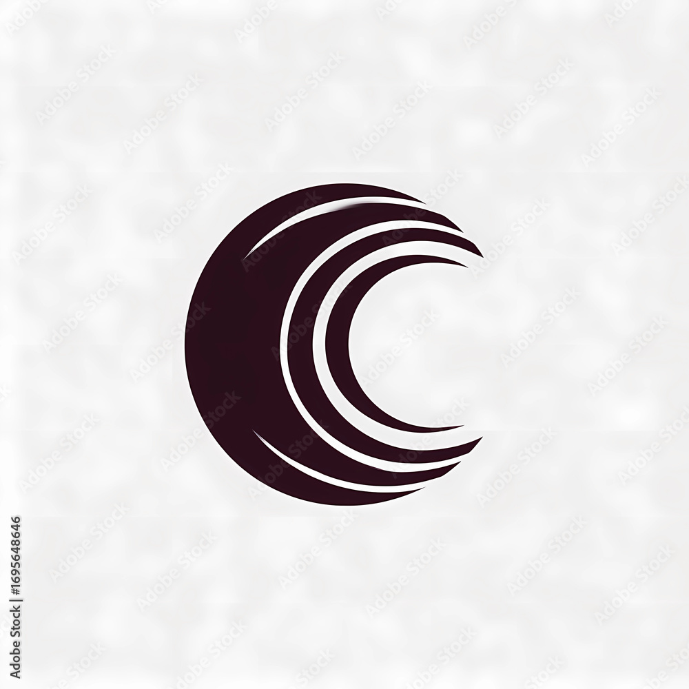 Poster a dark crescent shape with curved lines layered inside on a white background