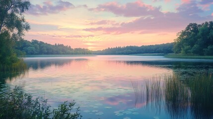 Obraz premium Serene Sunset Lake: Pastel Hues and Tranquil Waterscape