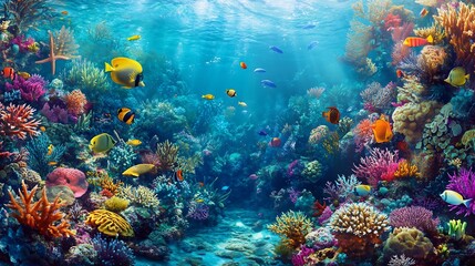 Naklejka premium Vibrant Coral Reef: Underwater Paradise of Colorful Fish