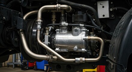 Fototapeta premium A complex machine assembly featuring metal pipes a silver pump and dark hoses set against a partially visible background