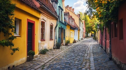 Fototapeta premium Charming Cobblestone Street: Colorful Houses, Autumnal Hues