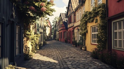 Fototapeta premium Cobblestone Street: Charming European Village Scene in Warm Sunlight
