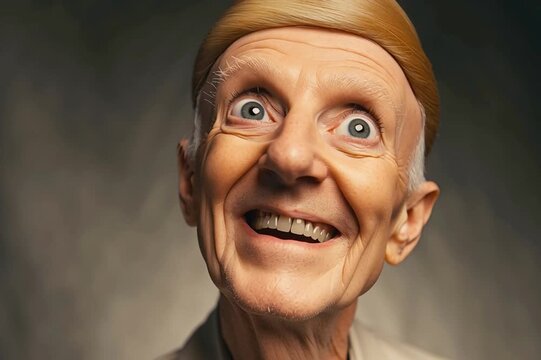 Close-up of elderly man admiring an unnatural looking blonde toupee