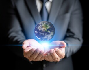 Businessman Holding Digital Earth Hologram in Hands