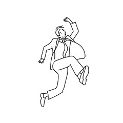 スーツを着たビジネスマンがジャンプして喜びを表現する線画ベクターイラスト｜成功や達成を象徴するシンプルな白黒の人物素材