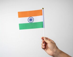Hand Holding Small Indian Flag on White Background