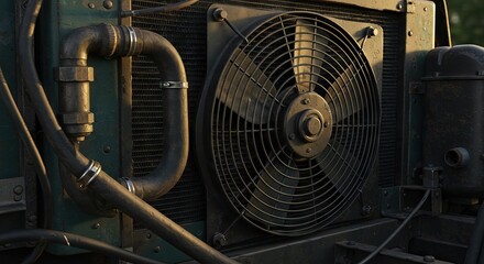 Fototapeta premium Closeup shows a vehicles radiator fan pipes with a weathered industrial aesthetic Details highlight the engines components