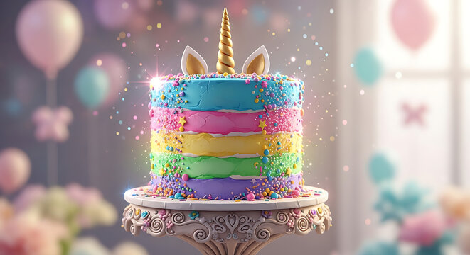 Colorful unicorn cake with sprinkles and balloons - Powered by Adobe