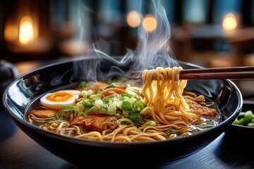 Steaming hot ramen noodles being lifted with chopsticks