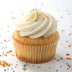 Classic cupcake topped with creamy vanilla frosting, isolated on a white background ideal for bakery promotions,