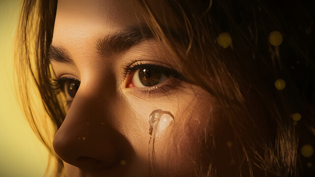 Gros plan sur les yeux d'une femme, une larme sur la joue, ambiance lumineuse bokeh, symbole d'espoir | setembro amarelo