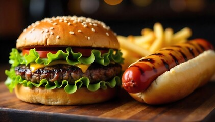 Juicy Grilled Burger and Hot Dog A Close-Up of Perfectly Cooked Fast Food Ready to Eat