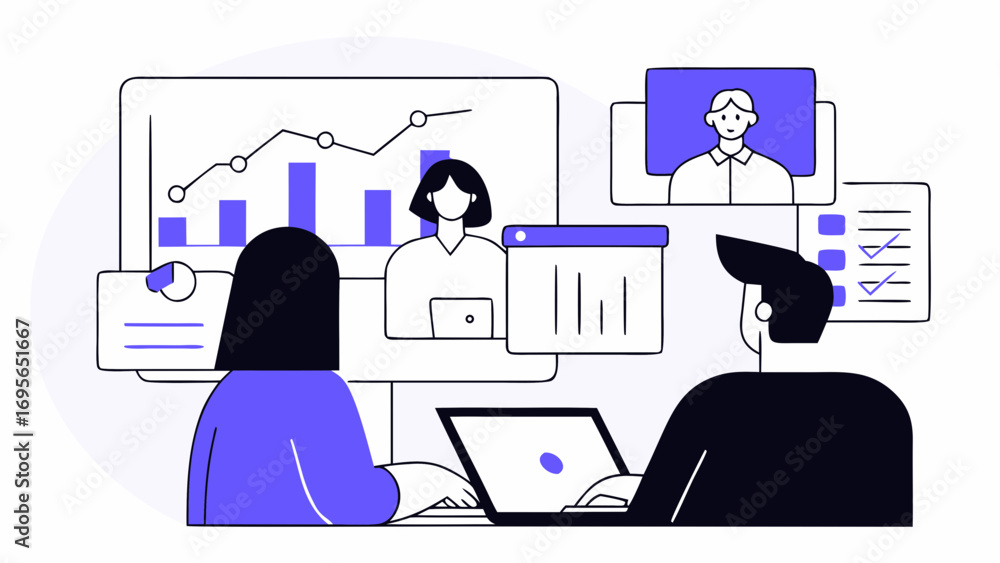 Aufkleber illustration of two people collaborating on a project during an online meeting. data analysis charts