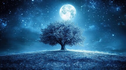 Mystical night scene, full moon, lone tree