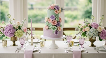 A pastel tiered cake adorned with roses on a white stand set on a table