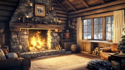Rustic Cabin Fireplace: Warmth, Winter, Cozy Stone Interior