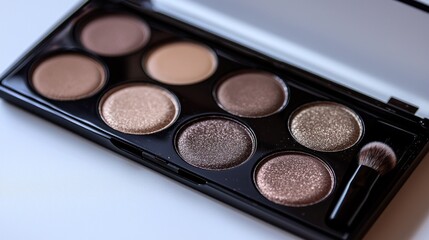 Open eyeshadow palette with various shades of brown and beige