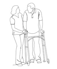 A man walking with Balancher and his wife continues line art