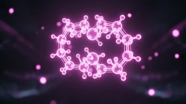 Futuristic holographic design of estrogen molecule with radiant pink neon light and soft glow text