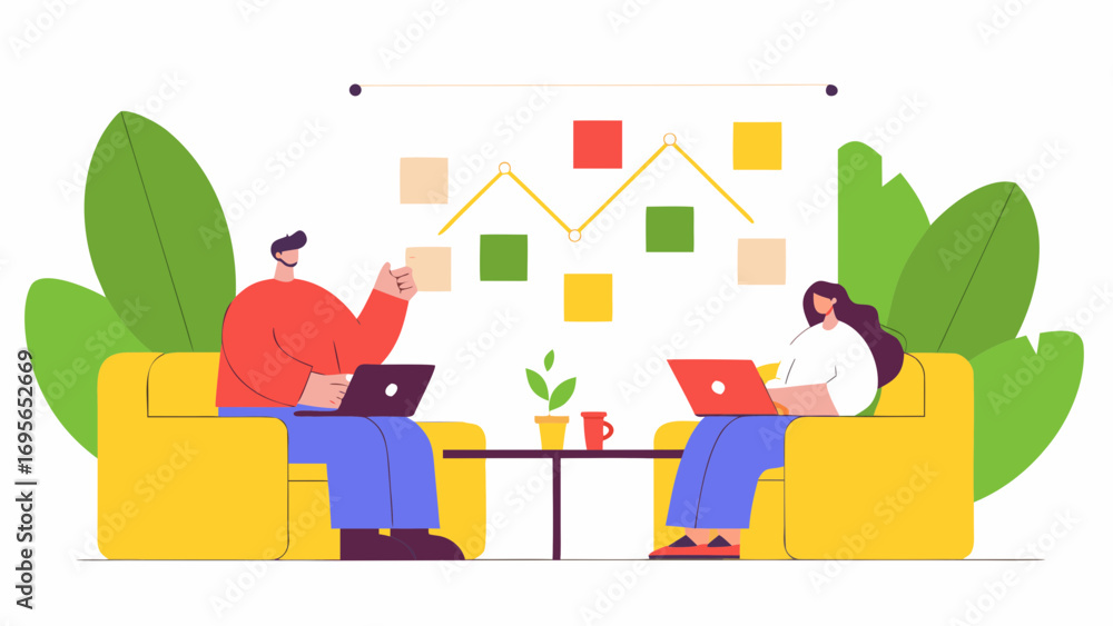 Poster two people sit in yellow chairs using laptops, collaborating on a project using colorful sticky note