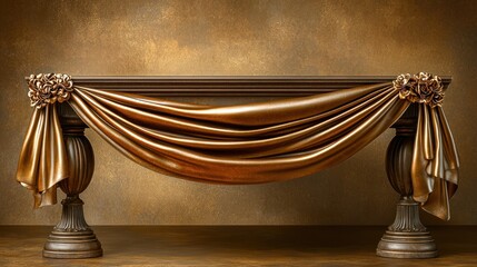 Ornate wooden console table draped with rich, golden fabric
