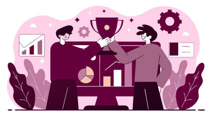Illustration of two colleagues celebrating a victory with a trophy in front of a computer screen showing charts and graphs. Maroon color palette with minimalist style.