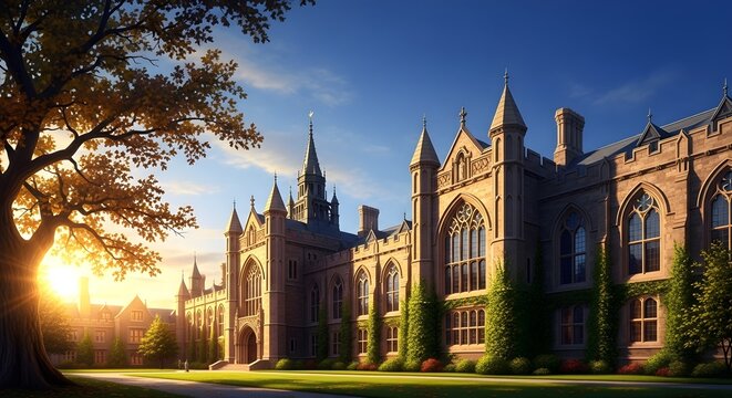 Majestic Sunrise Illuminates Historic University Building, Golden Hour Light Bathes Collegiate Architecture in Warm Glow, Ideal for Education, History, or Heritage Concepts.