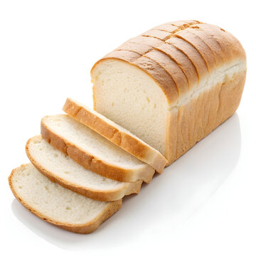 Fresh loaf of sliced white bread, isolated on white background soft, airy slices perfect for sandwiches, breakfast,