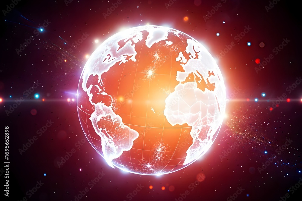 Poster a glowing white and orange planet earth is displayed against a dark space background with bokeh ligh