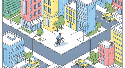 Illustration of a cyclist riding through a colorful, isometric city, promoting urban lifestyle and active transportation.