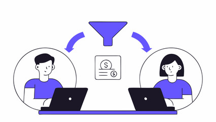 Illustration of two individuals using laptops to collaborate on a project, with a filter funnel symbolizing data processing and workflow.
