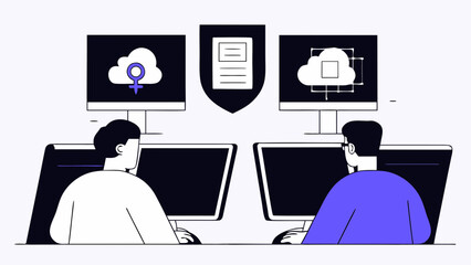 Two individuals collaborate at computers, symbolized by data security icons, representing teamwork and digital information protection.