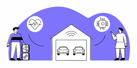 Illustration depicting two men managing a warehouse with automated systems. Purple background, simple line art style.